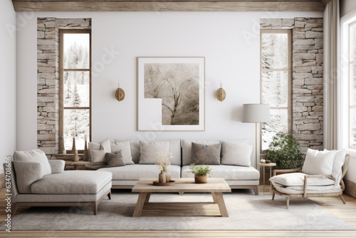 Scandinavian farmhouse living room with wall mockup.