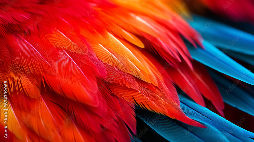 Obraz premium Closeup of a vibrant parrot. Background of parrot feathers showcasing a red and blue exotic texture.Generative AI.