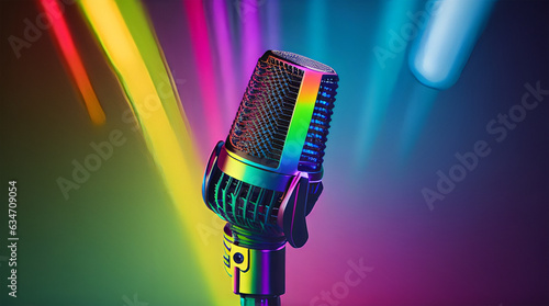 Megaphone and microphone colored with rainbow. LGBTQ concept, gender concept. Give voice to social issues. Freedom to be yourself. Don't be judged. Gender equality. love moments. AI generative.