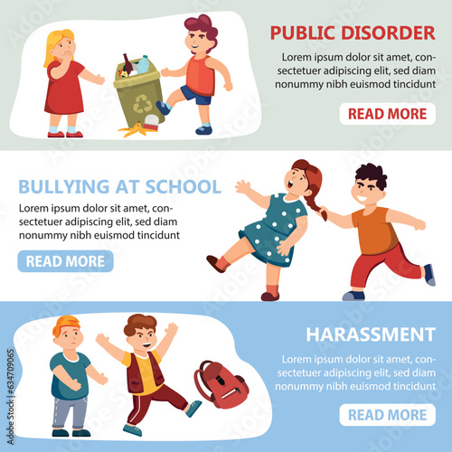 bully kids banners. school bullying situations horizontal banners, classmates violent mockery concept, conflicts between children. vector cartoon banners.