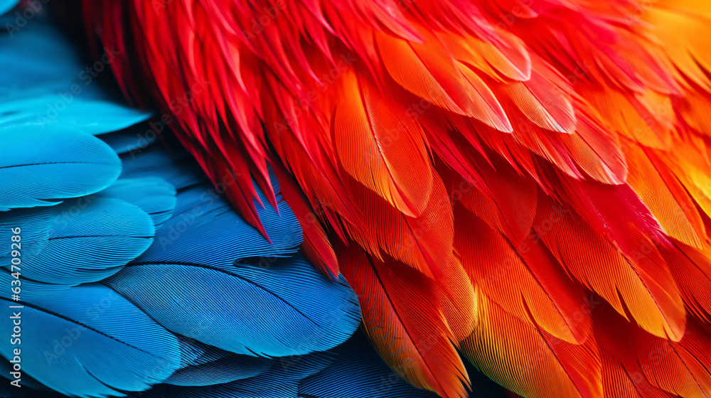 Fototapeta premium Closeup of a vibrant parrot. Background of parrot feathers showcasing a red and blue exotic texture.Generative AI.