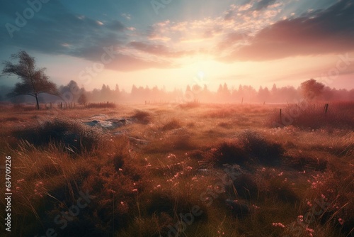 Autumn sunrise with pink sky over a picturesque meadow. Generative AI