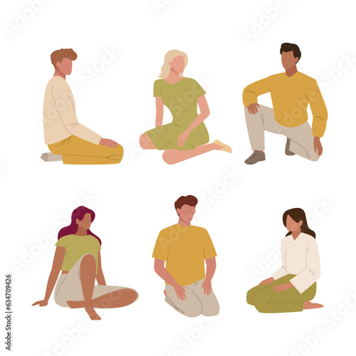 people sitting on floor. cartoon flat male and female characters dressed in casual style sitting on the floor and relax with bended knees. vector cartoon simple minimalistic characters.