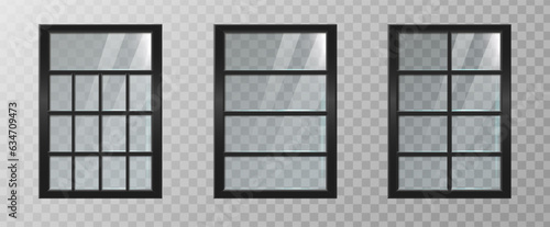 3d realistic vector icon illustration. Collection of black plastic frame window with rtansparent glass.