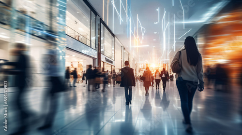 Background with a blur of a contemporary shopping mall featuring a few consumers. Shoppers strolling through the mall, evident motion blur. Abstractly blurred shoppers carrying shopping bag. Gen. AI
