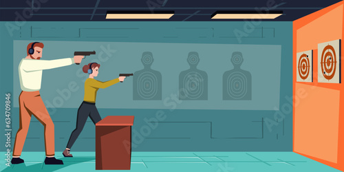 shooting gallery background. people shooting gun training, adult outdoor safety strategy activity, cartoon weapons, bullets. vector cartoon flat shooting background.