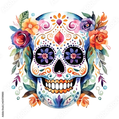 Day of the dead Colorful mexican skull with flowers watercolor illustration on white background