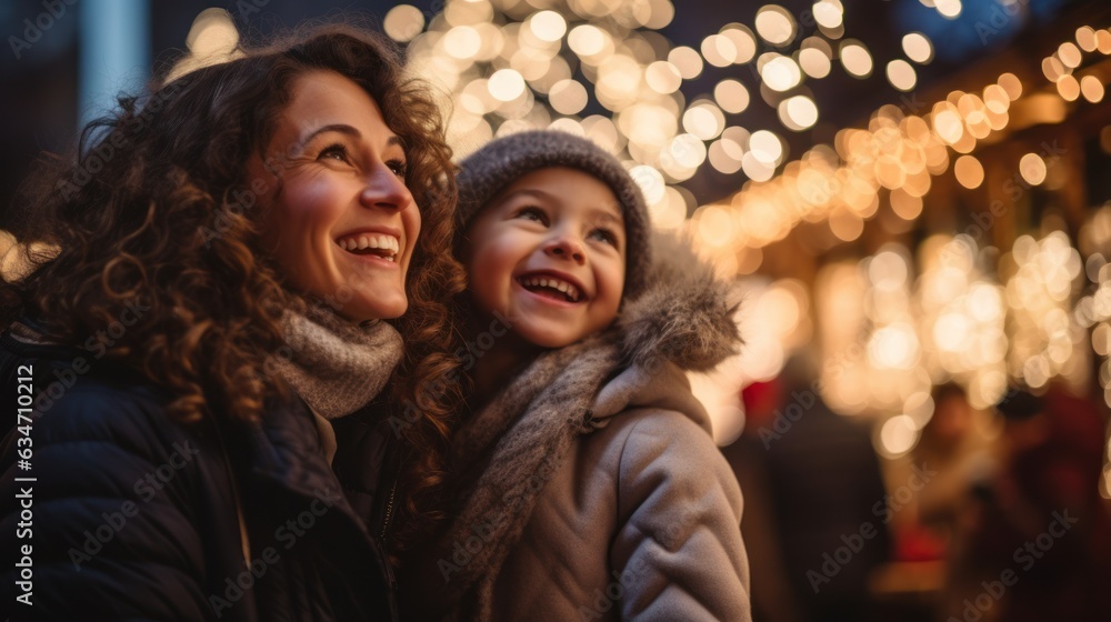 Mother and child having wonderful time on traditional Christmas market on winter evening.