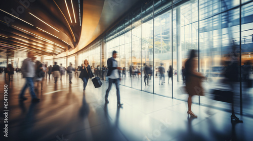 Background with a blur of a contemporary shopping mall featuring a few consumers. Shoppers strolling through the mall, evident motion blur. Abstractly blurred shoppers carrying shopping bag. Gen. AI