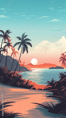 Summer tropical beach landscape background. Exotic paradise beachside on sunset.