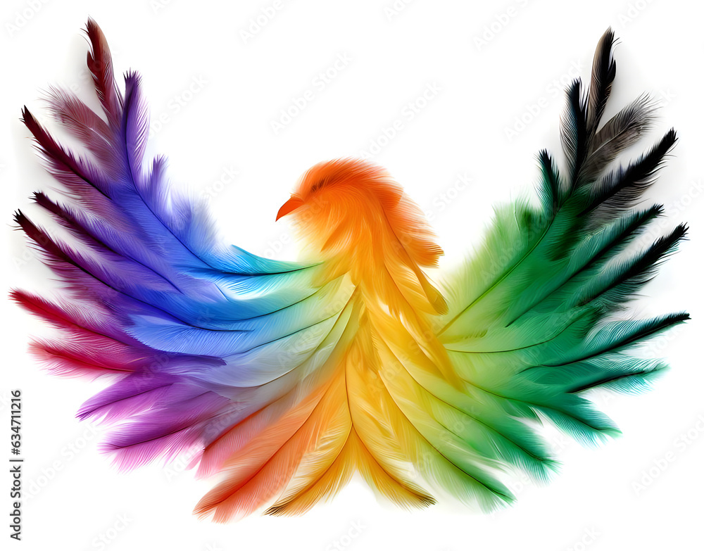 Rainbow-colored feathers arranged in the shape of a bird with spread wings, white background Rainbow-colored feathers arranged in the shape of a bird with spread wings, white background