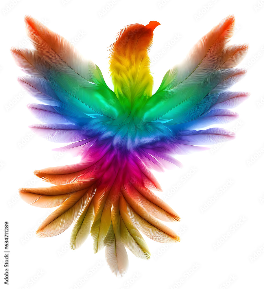 Rainbow-colored feathers arranged in the shape of a bird with spread wings, white background Rainbow-colored feathers arranged in the shape of a bird with spread wings, white background