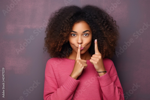 Hipster teen gen z black american girl showing shh sign finger gesture asking to keep secret, be hush silent or privacy silence on urban wall background. Teenage problem secrecy concept.  photo