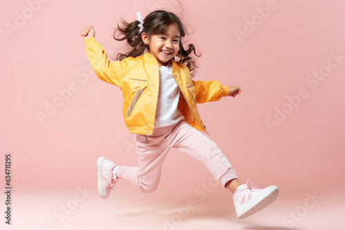 Pretty asian preschool girl in sports clothing doing some fun dance moves