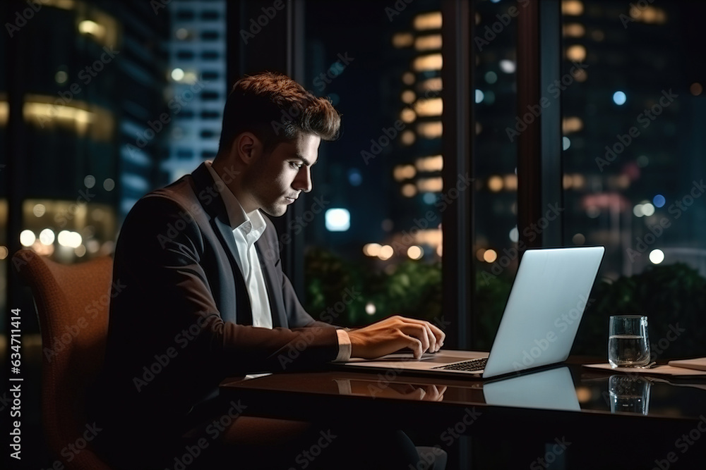 Young busy Latin business man executive working on laptop at night in dark corporate office. Professional businessman manager using computer sitting at table, big city evening view Young busy Latin business man executive working on laptop at night in dark corporate office. Professional businessman manager using computer sitting at table, big city evening view