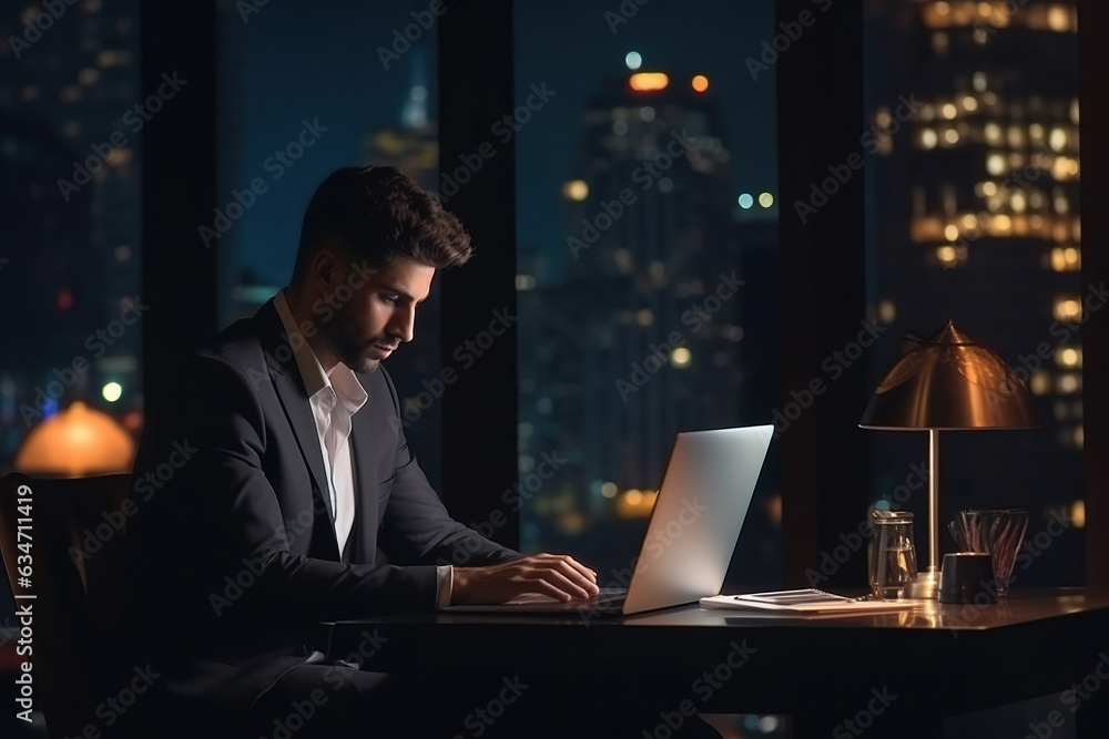 Young busy Latin business man executive working on laptop at night in dark corporate office. Professional businessman manager using computer sitting at table, big city evening view Young busy Latin business man executive working on laptop at night in dark corporate office. Professional businessman manager using computer sitting at table, big city evening view