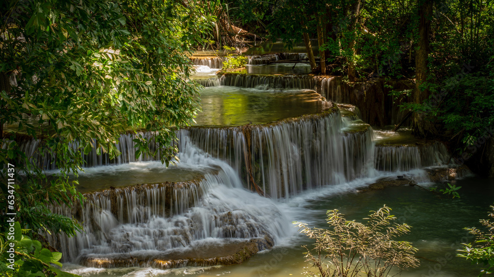 beautiful water fall and Leaf natural leaves and stream green forest in the mountain concept back ground cover page environment ecology or nature wallpape