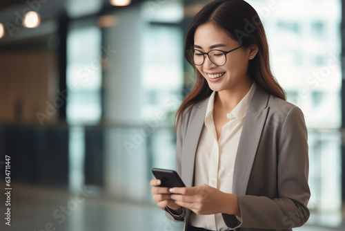 Young happy smiling professional Asian business woman manager, female worker wearing glasses holding cellphone using mobile phone standing in office hall working on smartphone texting message