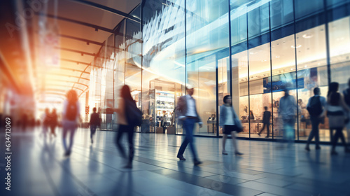 Background with a blur of a contemporary shopping mall featuring a few consumers. Shoppers strolling through the mall, evident motion blur. Abstractly blurred shoppers carrying shopping bag. Gen. AI