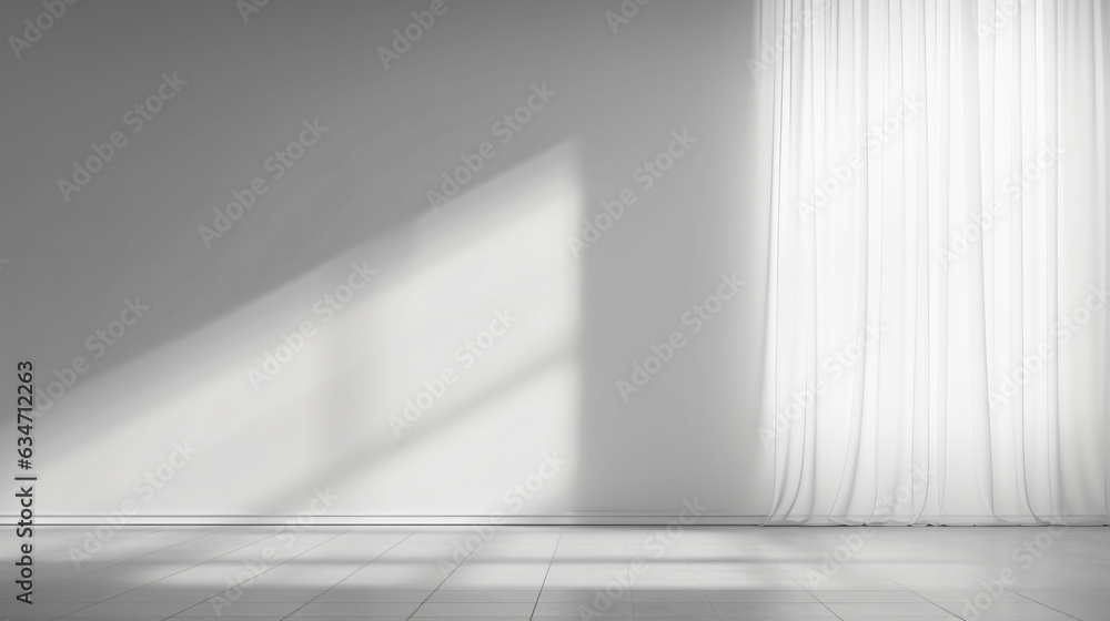 Obraz premium Window illuminated from behind with white drapes in a vacant space. Unoccupied room with a white light casting shadows on the floor. Room with a plain wall background Generative AI.