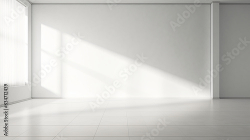 Window illuminated from behind with white drapes in a vacant space. Unoccupied room with a white light casting shadows on the floor. Room with a plain wall background Generative AI.
