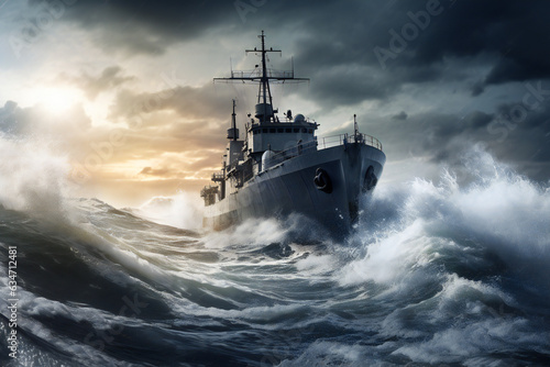Marine Ship at Sea during rough weather, storm, Naval Vessel, Warship, high waves