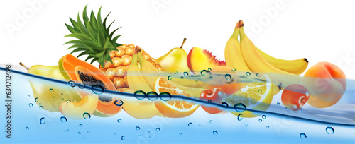 Fresh fruit and sweet berries  in transparent water and oxygen bubble. Pineapple, banana, cherry, orange, guava, pear, citron, peach, mango, papaya. Vector.