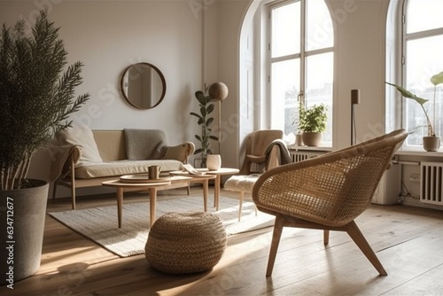 Bright Scandinavian living room featuring a rattan armchair and wooden table. Generative AI