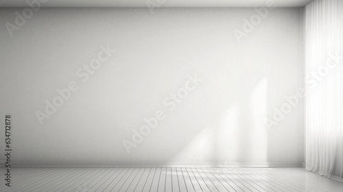 Window illuminated from behind with white drapes in a vacant space. Unoccupied room with a white light casting shadows on the floor. Room with a plain wall background Generative AI.