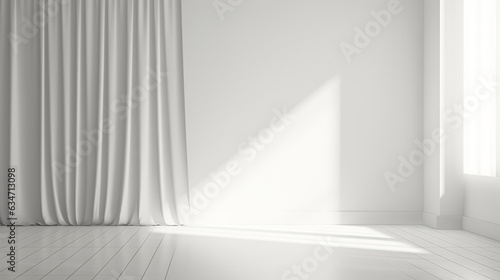 Window illuminated from behind with white drapes in a vacant space. Unoccupied room with a white light casting shadows on the floor. Room with a plain wall background Generative AI. © Nico Vincentini