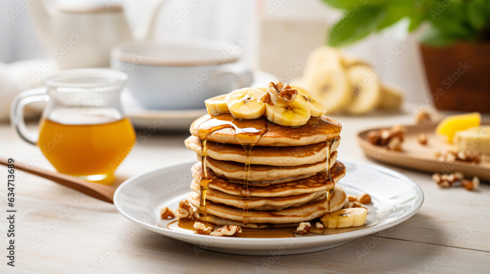A stack of oatmeal banana pancakes topped with fresh banana slices, walnuts, and honey, accompanied by a cup of tea on a white wooden background. A nutritious breakfast. Space for copy. generative AI