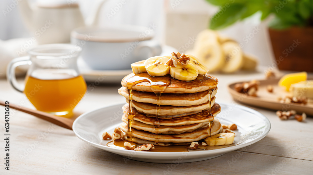 A stack of oatmeal banana pancakes topped with fresh banana slices, walnuts, and honey, accompanied by a cup of tea on a white wooden background. A nutritious breakfast. Space for copy. generative AI A stack of oatmeal banana pancakes topped with fresh banana slices, walnuts, and honey, accompanied by a cup of tea on a white wooden background. A nutritious breakfast. Space for copy. generative AI