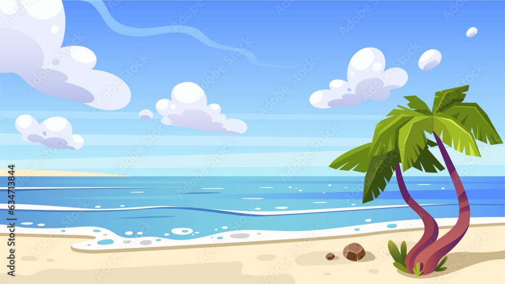Beautiful beach landscape with sea and palm trees. Vector tourist banner.