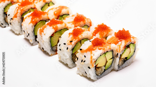 A collection of fresh sushi rolls containing salmon and avocado. Japanese sushi set against a white background. Lit in a studio setting.Generative AI