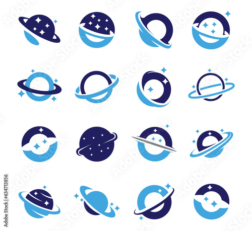 Set of space emblems, space logo, planet logo, flying rocket, astronaut helmet on a white background in black and white. For website, mobile application, technology, science. Vector illustration