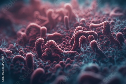 Microscopic background with 3D render of Streptococcus pneumonia bacteria. Generative AI photo