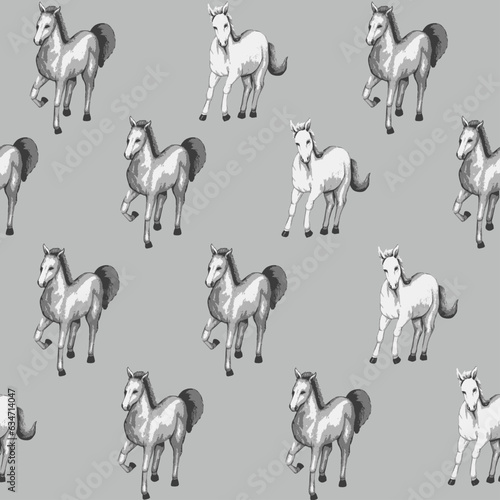 Seamless spring pattern of gray horse, baby horse on gray background.trendy pattern with animal in various poses. Background of realistic figures of horses pattern. gray theme horses pattern. © raja