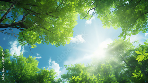 A fresh spring summer sky background with intense sunlight filtering through the trees.   Generative AI