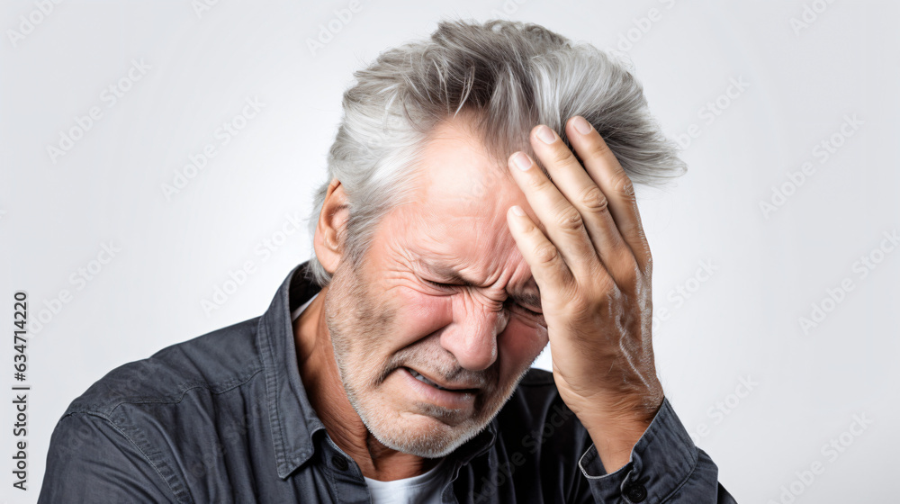 An elderly man with a migraine headache clutching his head in pain. Isolated on a white background. Studio shot. Generative AI An elderly man with a migraine headache clutching his head in pain. Isolated on a white background. Studio shot. Generative AI
