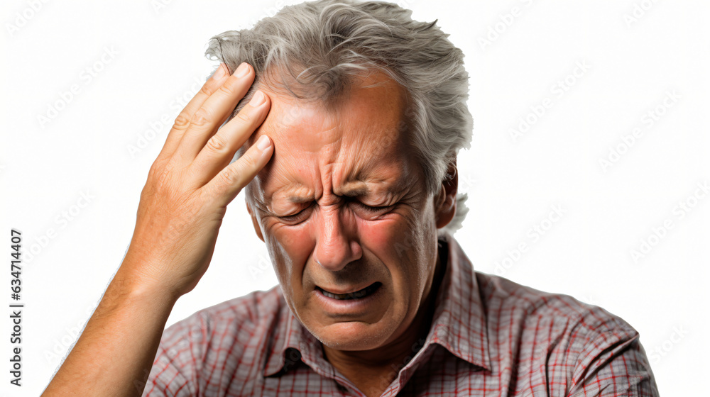 An elderly man with a migraine headache clutching his head in pain. Isolated on a white background. Studio shot. Generative AI An elderly man with a migraine headache clutching his head in pain. Isolated on a white background. Studio shot. Generative AI