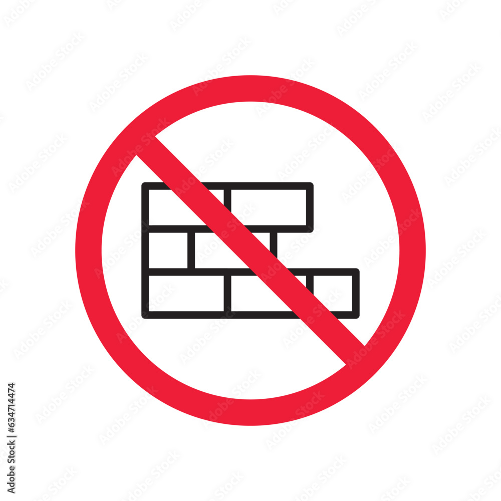 Forbidden brick wall vector icon. Warning, caution, attention, restriction, label, ban, danger. No brick wall flat sign design pictogram symbol. No wall icon Forbidden brick wall vector icon. Warning, caution, attention, restriction, label, ban, danger. No brick wall flat sign design pictogram symbol. No wall icon