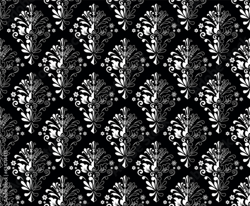 Wallpaper in the style of Baroque. Seamless vector background. White and black floral ornament. Graphic pattern for fabric, wallpaper, packaging. Ornate Damask flower ornament