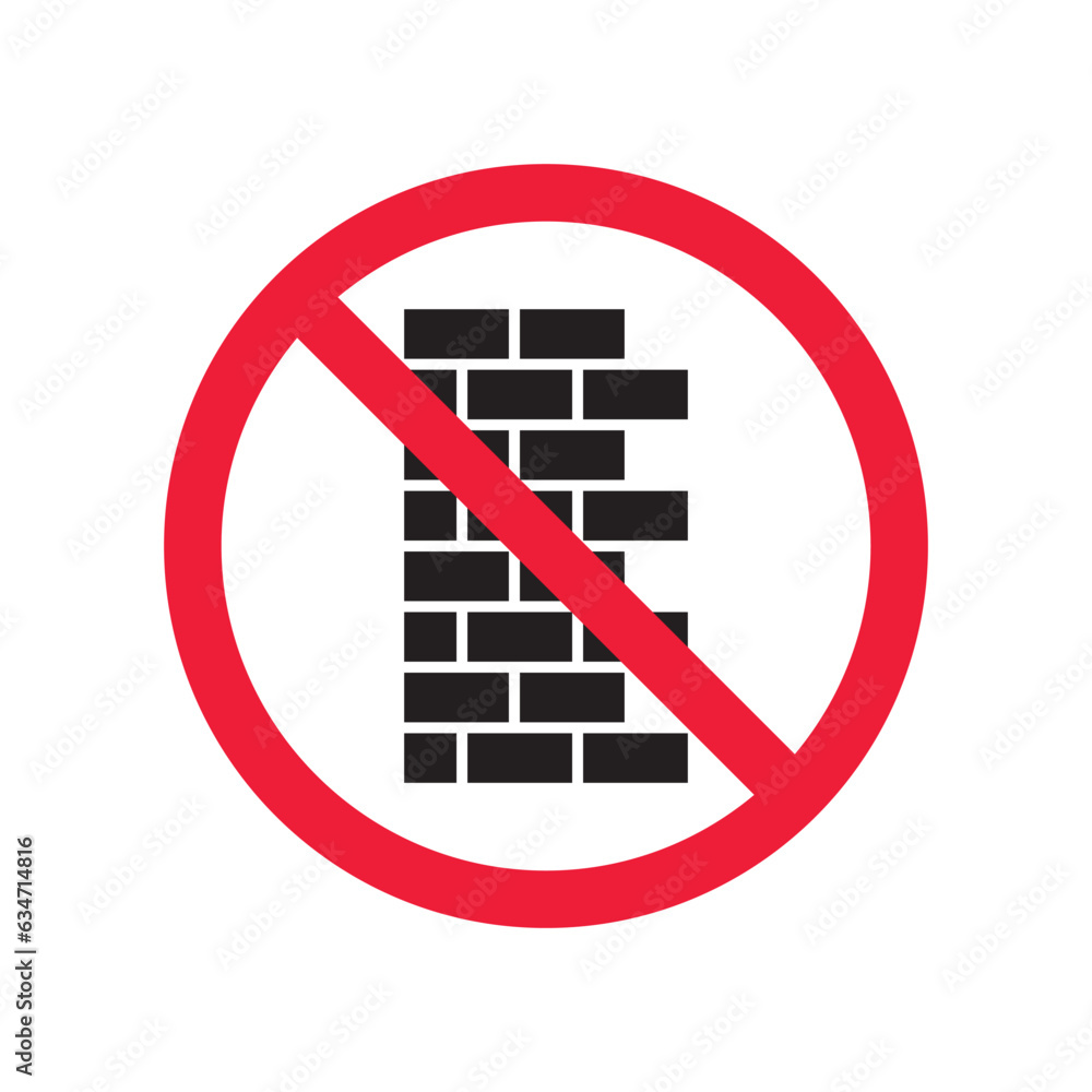 Forbidden brick wall vector icon. Warning, caution, attention, restriction, label, ban, danger. No brick wall flat sign design pictogram symbol. No wall icon Forbidden brick wall vector icon. Warning, caution, attention, restriction, label, ban, danger. No brick wall flat sign design pictogram symbol. No wall icon