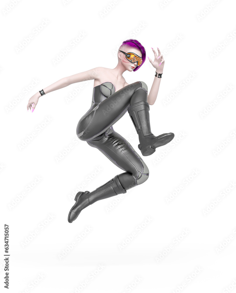 cyber punk girl on futuristic suit is jumping in a comic action pose cyber punk girl on futuristic suit is jumping in a comic action pose