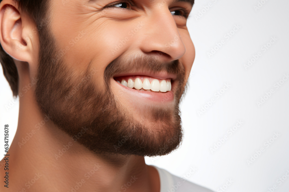 Obraz premium A close-up portrait of an attractive man showcasing a bright smile with pristine teeth, utilized for a dental advertisement. The individual features a modern, stylish haircut and beard. Generative AI