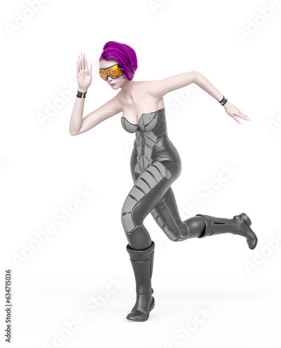 cyber punk girl on futuristic suit is running