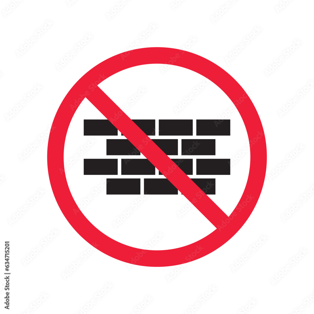 Forbidden brick wall vector icon. Warning, caution, attention, restriction, label, ban, danger. No brick wall flat sign design pictogram symbol. No wall icon Forbidden brick wall vector icon. Warning, caution, attention, restriction, label, ban, danger. No brick wall flat sign design pictogram symbol. No wall icon