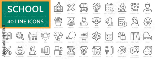 School icons set. Education, e-learning and school. Learning, school bus, book, teacher, sciences, e-book and more - stock vector.