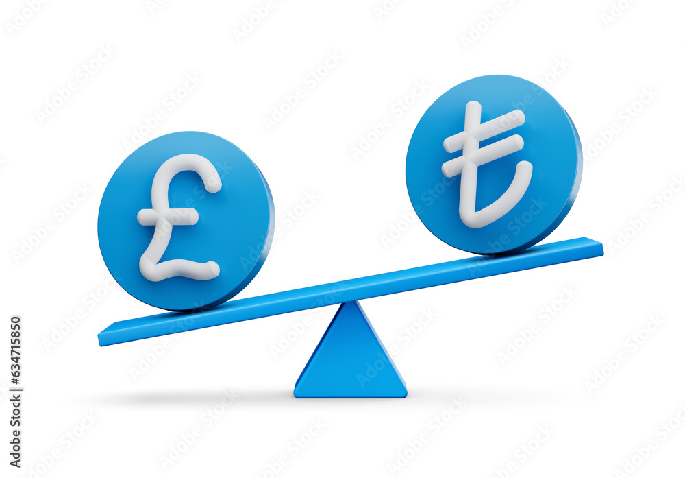 3d White Pound And Lira Symbol On Rounded Blue Icons With 3d Balance Weight Seesaw, 3d illustration 3d White Pound And Lira Symbol On Rounded Blue Icons With 3d Balance Weight Seesaw, 3d illustration