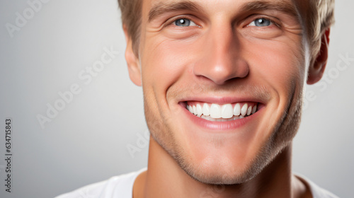 A close-up portrait photograph of an attractive blonde Scandinavian man grinning, showcasing his immaculate teeth, intended for a dental advertisement. Trendy hairstyle. Generative AI